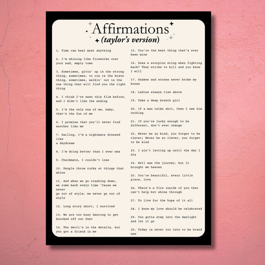 Taylor Swift Inspired Affirmations Poster - A4 Laminated Print for Swifties