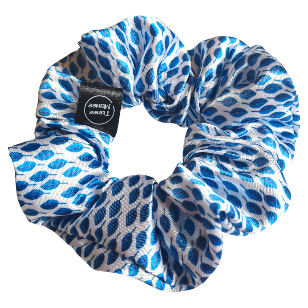 Satin Scrunchie - Tiny Blue Leaves