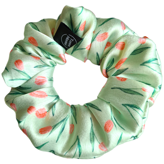 Satin Scrunchie - Green with Tulips