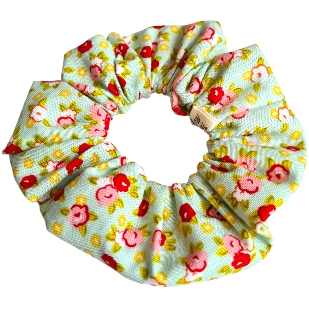 Cotton Scrunchie - Light Green with Pink Flowers