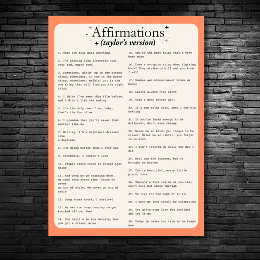 Taylor Swift Inspired Affirmations Poster - A4 Laminated Print for Swifties