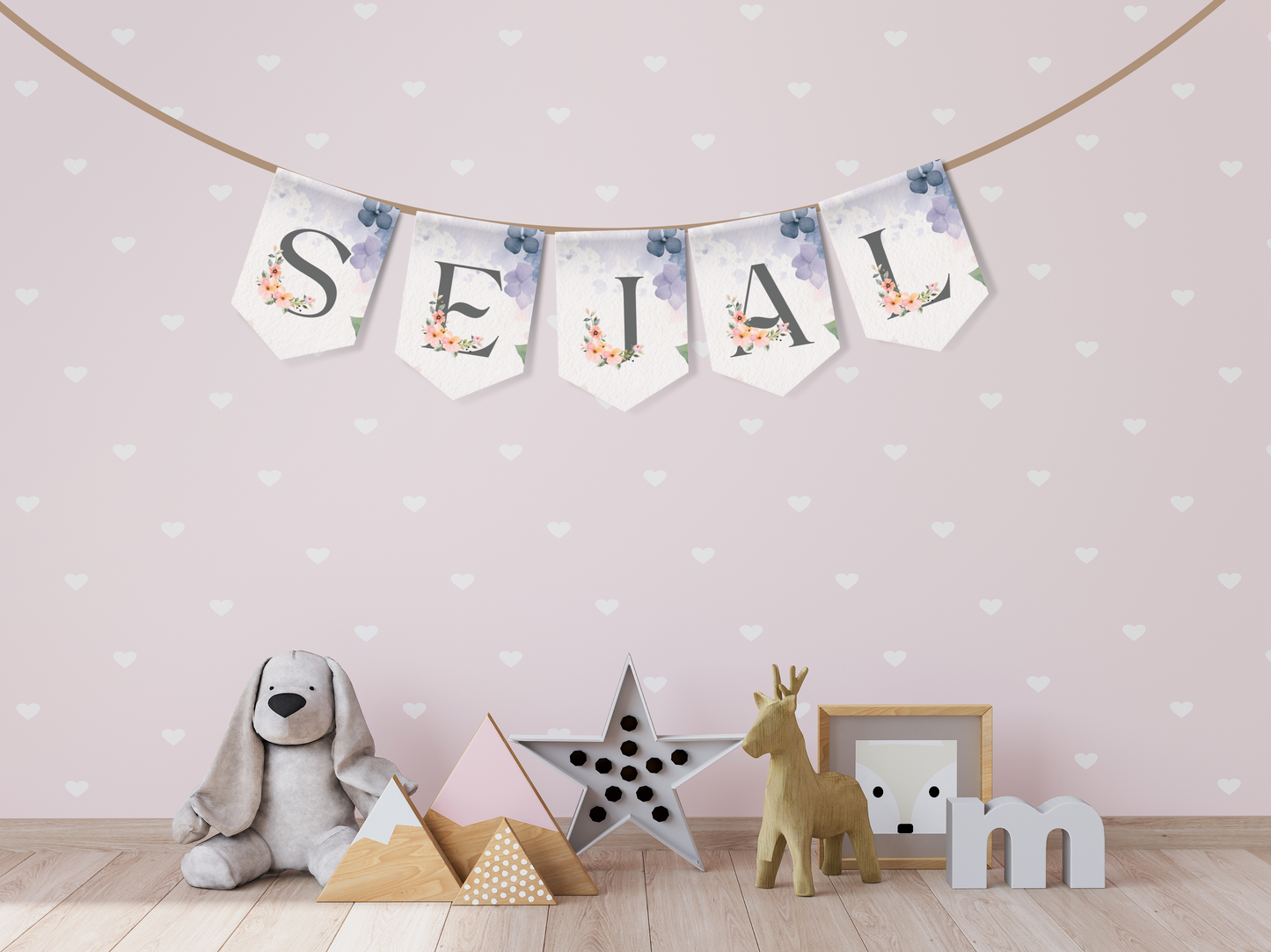 Watercolor Floral Felt Banner with Personalised Lettering - Personalized Flag Decor for Baby Nurseries and Kids Rooms | Name Bunting Banner