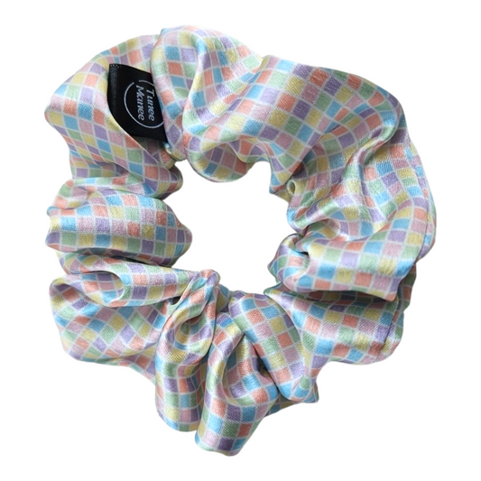 Satin Scrunchie - Pastel Rainbow Checks