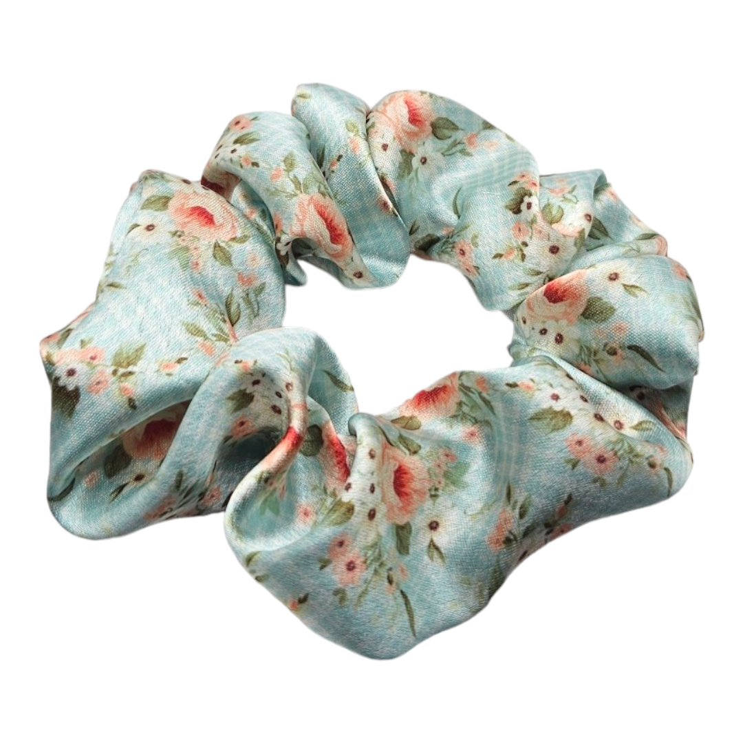 Satin Scrunchie - Blue Vintage Plaid Roses