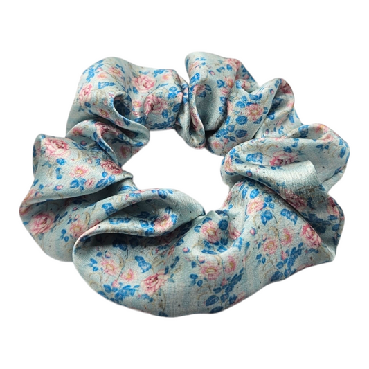 Satin Scrunchie - Pastel Blue Roses Pink Roses