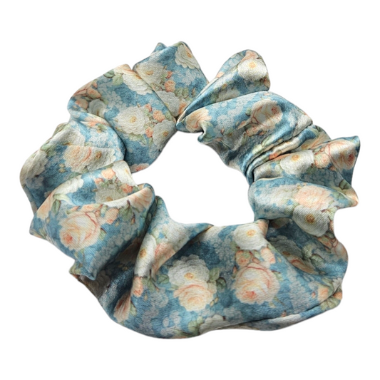 Satin Scrunchie - Pastel Blue Roses